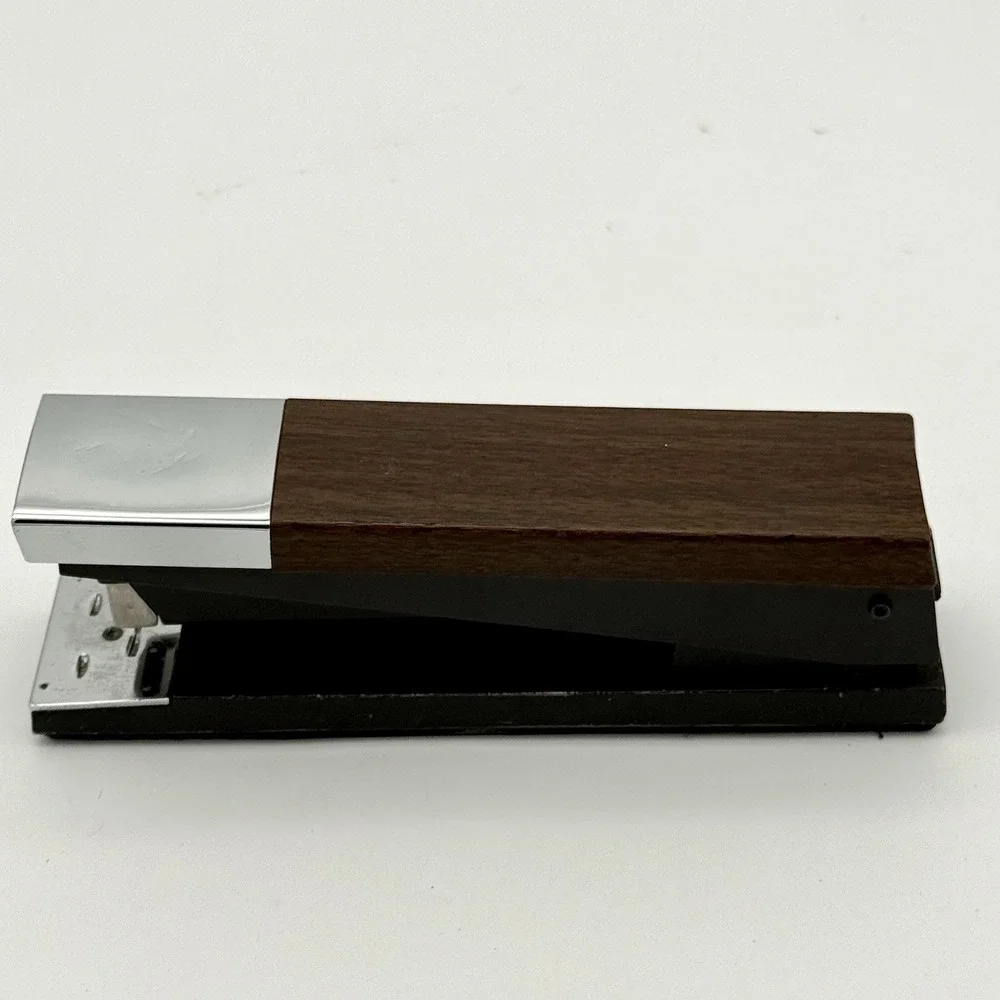 Vintage ACCO 20 Desk Stapler Faux Wood Grain Chrome Mid Century USA Working